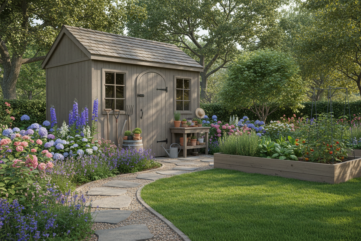 Back yard with garden shed